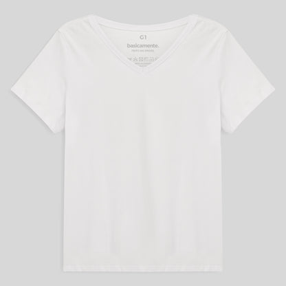 Camiseta Babylook Algodão Premium Gola V Plus Feminina - Branco