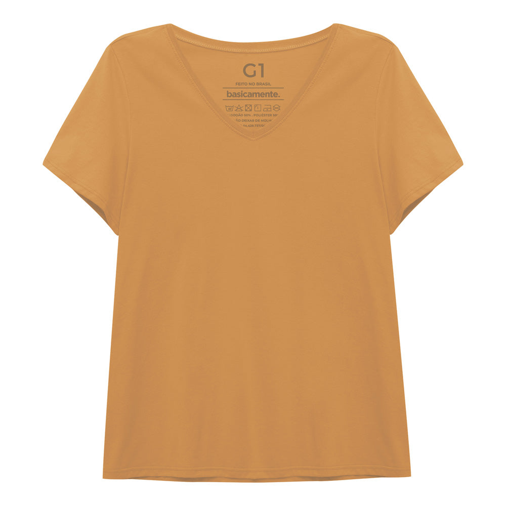 Camiseta Babylook Algodão Premium Gola V Plus Feminina - Amarelo Mostarda