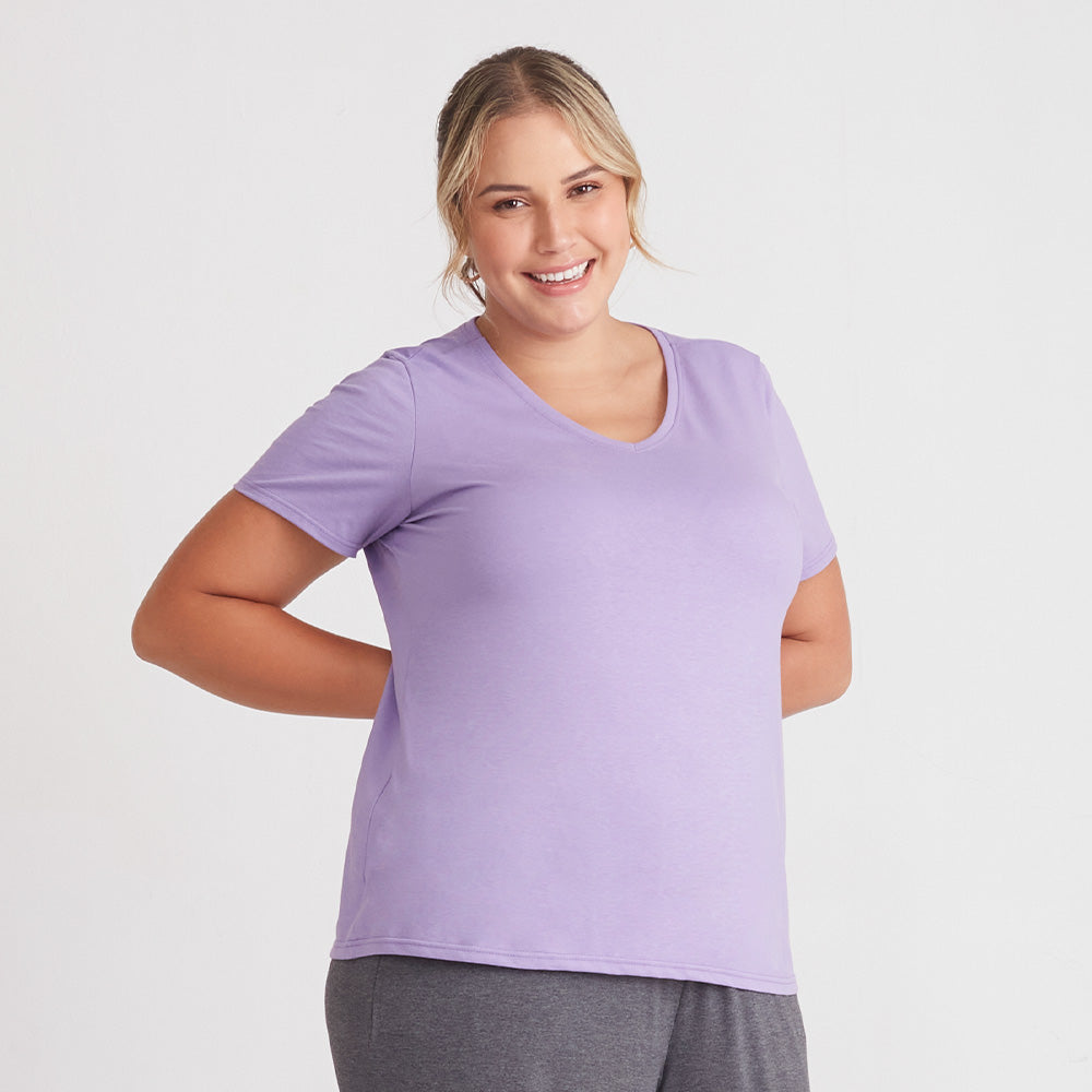 Camiseta Babylook Algodão Premium Gola V Plus Feminina - Lilás