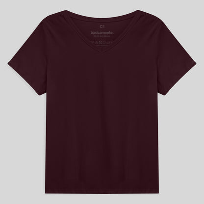 Camiseta Babylook Algodão Premium Gola V Plus Feminina - Vermelho Vinho