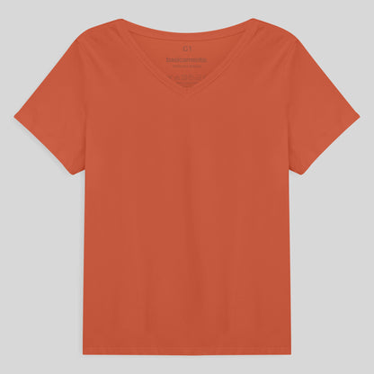 Camiseta Babylook Algodão Premium Gola V Plus Feminina - Laranja Coral
