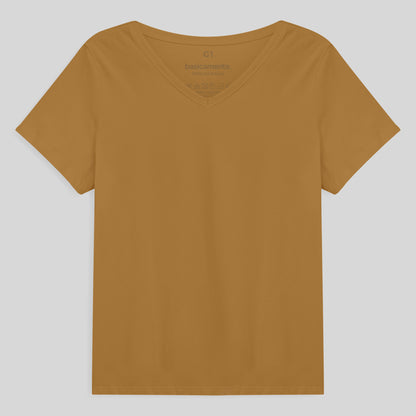 Camiseta Babylook Algodão Premium Gola V Plus Feminina - Ocre
