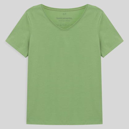 Camiseta Babylook Algodão Premium Gola V Plus Feminina - Verde Jade