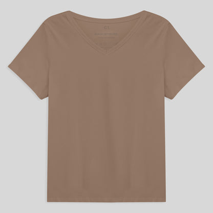 Camiseta Babylook Algodão Premium Gola V Plus Feminina - Bege Claro