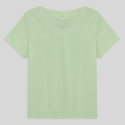 Camiseta Babylook Algodão Premium Gola V Plus Feminina - Verde Menta