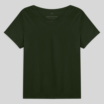 Camiseta Babylook Algodão Premium Gola V Plus Feminina - Verde Selva