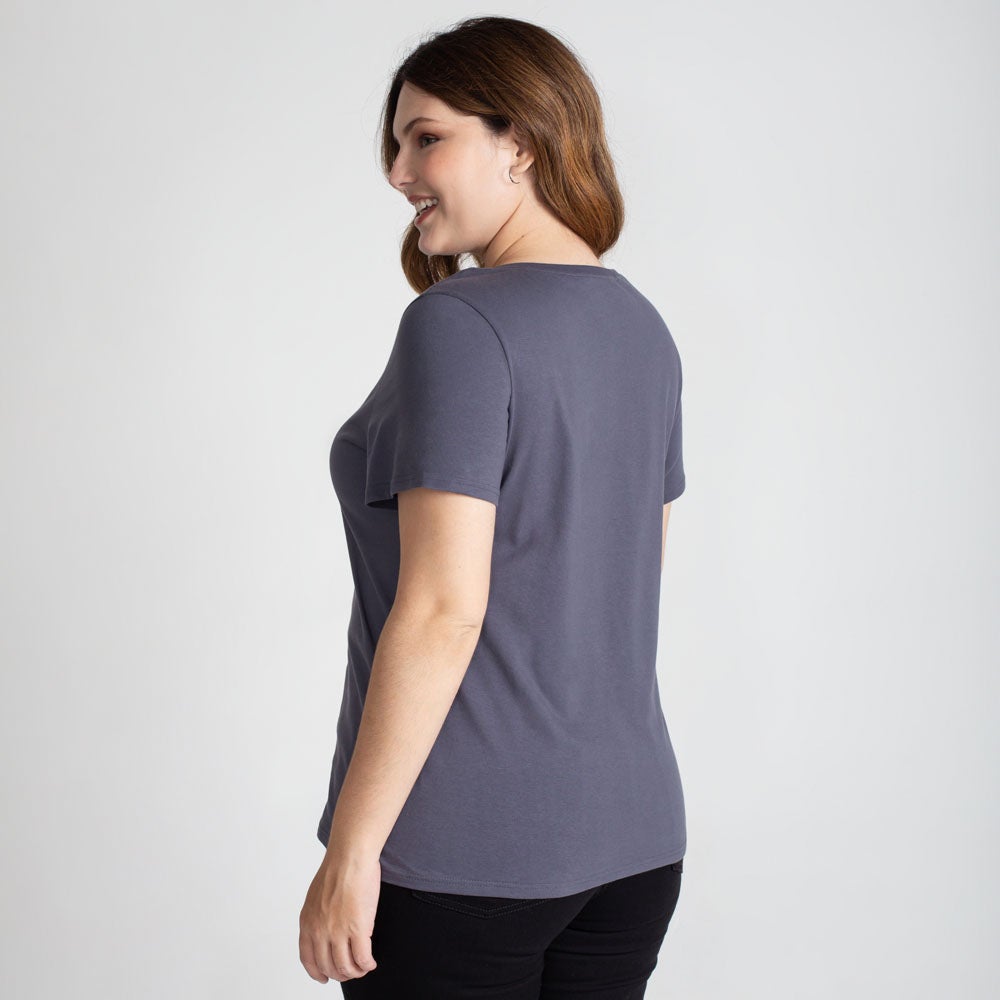 Camiseta Babylook Algodão Premium Gola V Plus Feminina - Chumbo