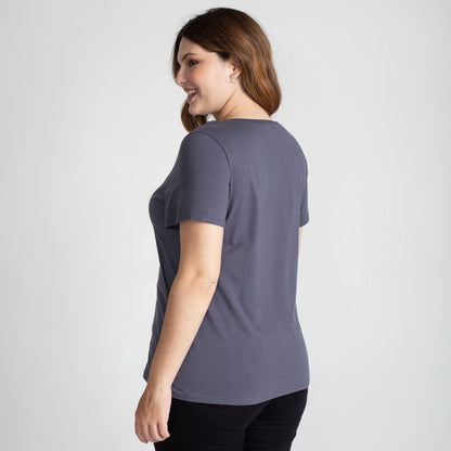 Camiseta Babylook Algodão Premium Gola V Plus Feminina - Chumbo