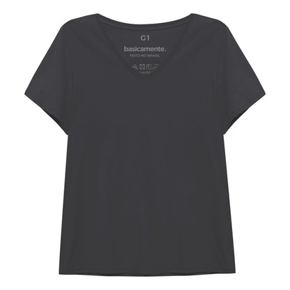 Camiseta Babylook Algodão Premium Gola V Plus Feminina - Chumbo