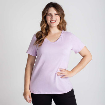 Camiseta Babylook Algodão Premium Gola V Plus Feminina - Lilás Lavanda