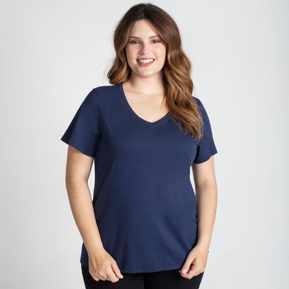 Camiseta Babylook Algodão Premium Gola V Plus Feminina - Azul Marinho