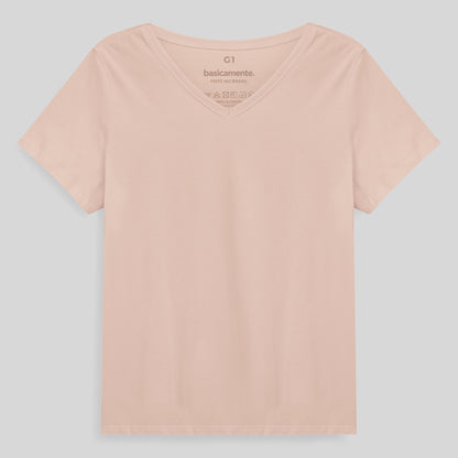 Camiseta Babylook Algodão Premium Gola V Plus Feminina - Rosa Pastel