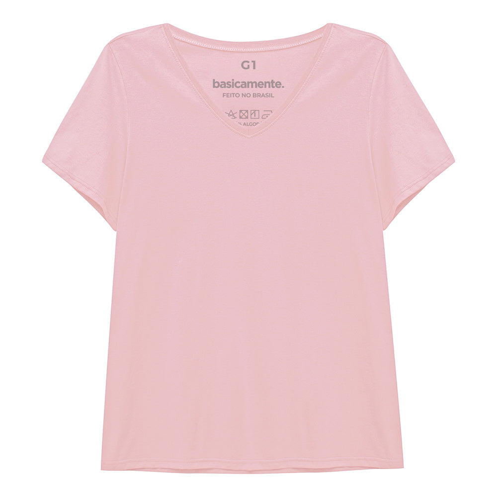 Camiseta Babylook Algodão Premium Gola V Plus Feminina - Rosa Orquídea