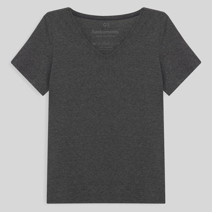 Camiseta Babylook Algodão Premium Gola V Plus Feminina - Mescla Escuro