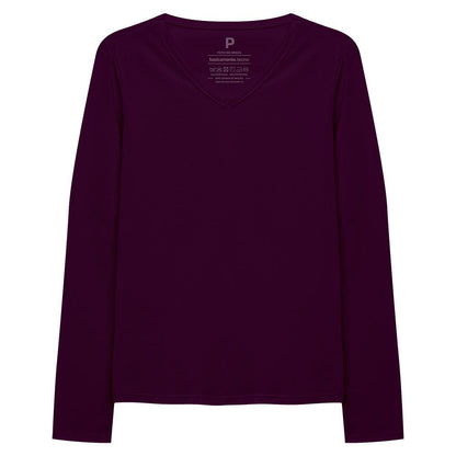 Camiseta Babylook Algodão Premium Manga Longa Gola V Feminina - Wine