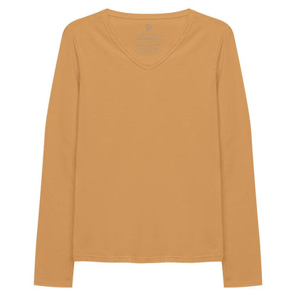 Camiseta Babylook Algodão Premium Manga Longa Gola V Feminina - Amarelo Mostarda