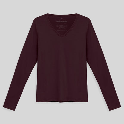 Camiseta Babylook Algodão Premium Manga Longa Gola V Feminina - Vermelho Vinho