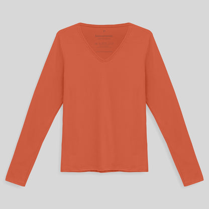 Camiseta Babylook Algodão Premium Manga Longa Gola V Feminina - Laranja Coral