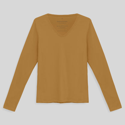 Camiseta Babylook Algodão Premium Manga Longa Gola V Feminina - Ocre