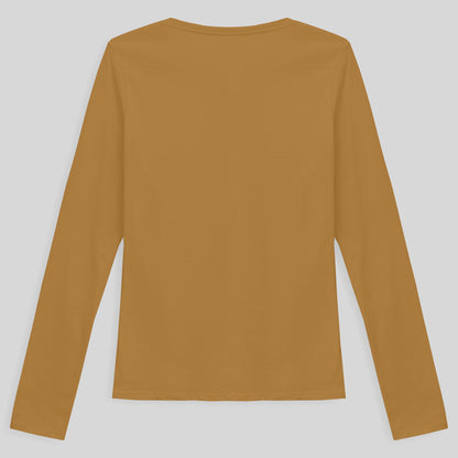 Camiseta Babylook Algodão Premium Manga Longa Gola V Feminina - Ocre