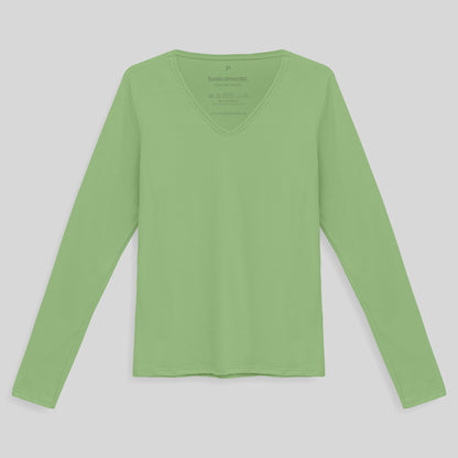 Camiseta Babylook Algodão Premium Manga Longa Gola V Feminina - Verde Jade