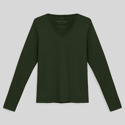 Camiseta Babylook Algodão Premium Manga Longa Gola V Feminina - Verde Selva