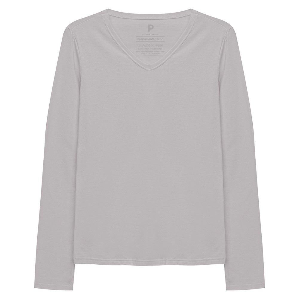 Camiseta Babylook Algodão Premium Manga Longa Gola V Feminina - Cinza Areia