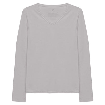Camiseta Babylook Algodão Premium Manga Longa Gola V Feminina - Cinza Areia