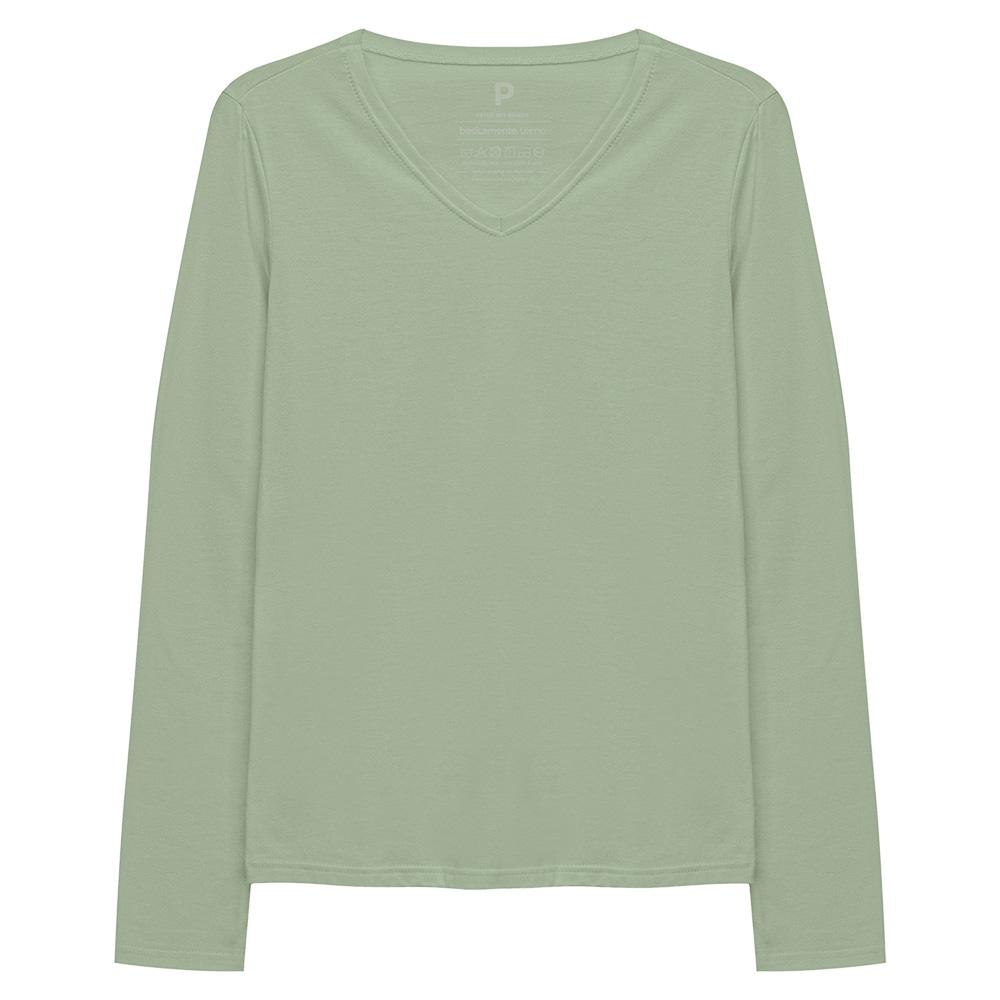 Camiseta Babylook Algodão Premium Manga Longa Gola V Feminina - Verde Oliva
