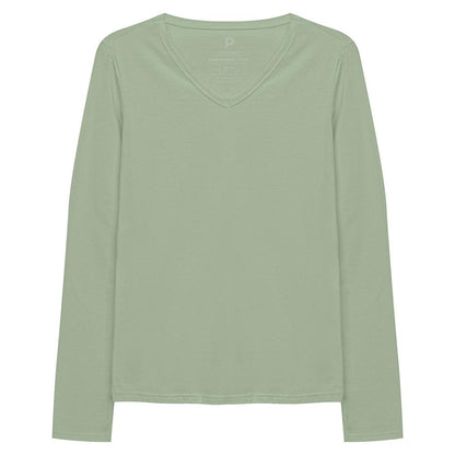 Camiseta Babylook Algodão Premium Manga Longa Gola V Feminina - Verde Oliva