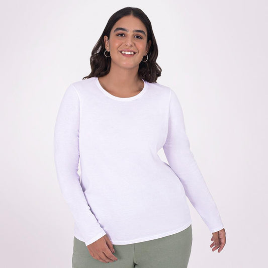 Camiseta Babylook Algodão Premium Manga Longa Gola C Plus Feminina - Branco