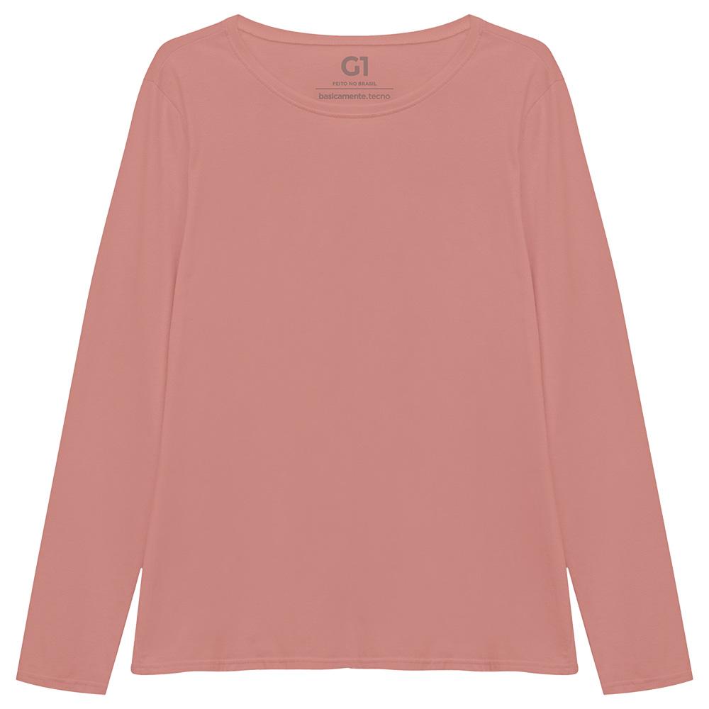 Camiseta Babylook Algodão Premium Manga Longa Gola C Plus Feminina - Rose