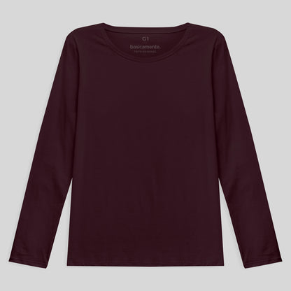 Camiseta Babylook Algodão Premium Manga Longa Gola C Plus Feminina - Vermelho Vinho