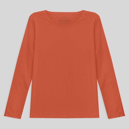 Camiseta Babylook Algodão Premium Manga Longa Gola C Plus Feminina - Laranja Coral