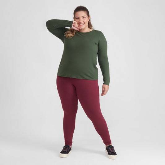 Camiseta Babylook Algodão Premium Manga Longa Gola C Plus Feminina - Verde Selva