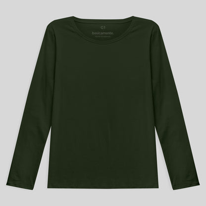 Camiseta Babylook Algodão Premium Manga Longa Gola C Plus Feminina - Verde Selva