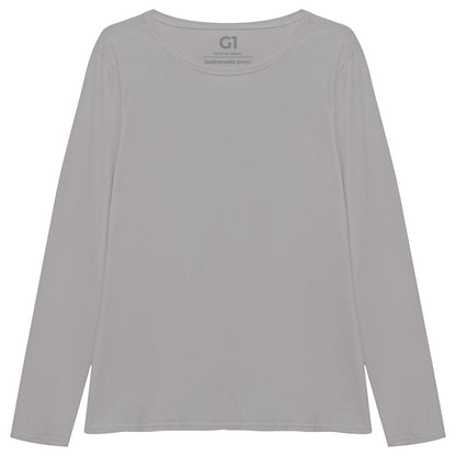 Camiseta Babylook Algodão Premium Manga Longa Gola C Plus Feminina - Cinza Areia