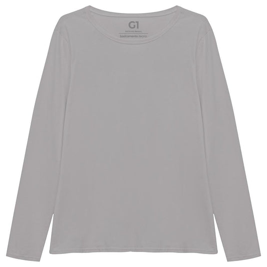 Camiseta Babylook Algodão Premium Manga Longa Gola C Plus Feminina - Cinza Areia