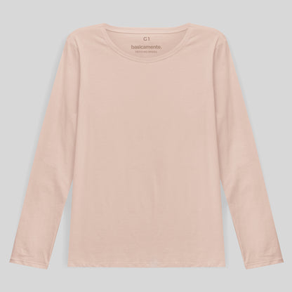 Camiseta Babylook Algodão Premium Manga Longa Gola C Plus Feminina - Rosa Pastel