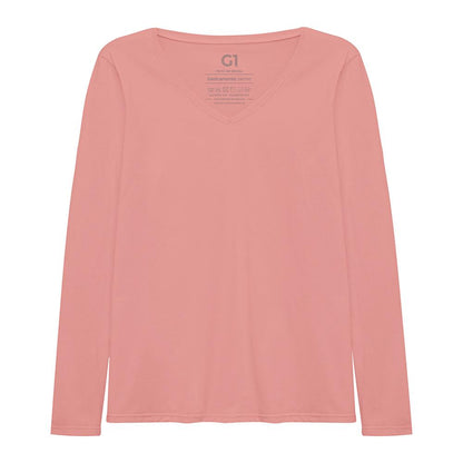 Camiseta Slim Gola V Manga Longa Plus Feminina - Rose