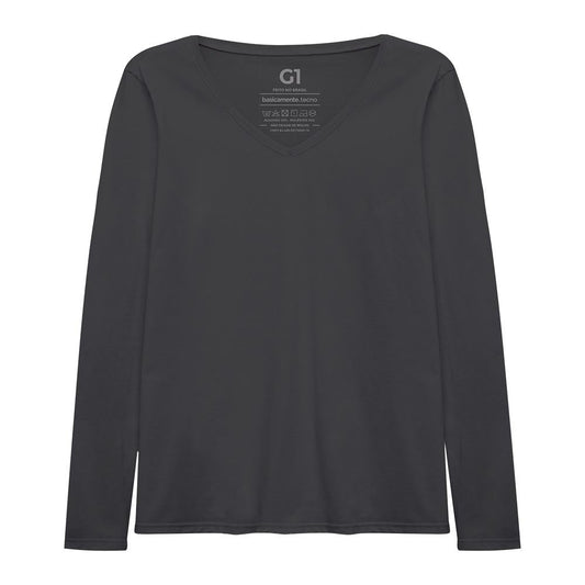 Camiseta Slim Gola V Manga Longa Plus Feminina - Cinza Ardósia