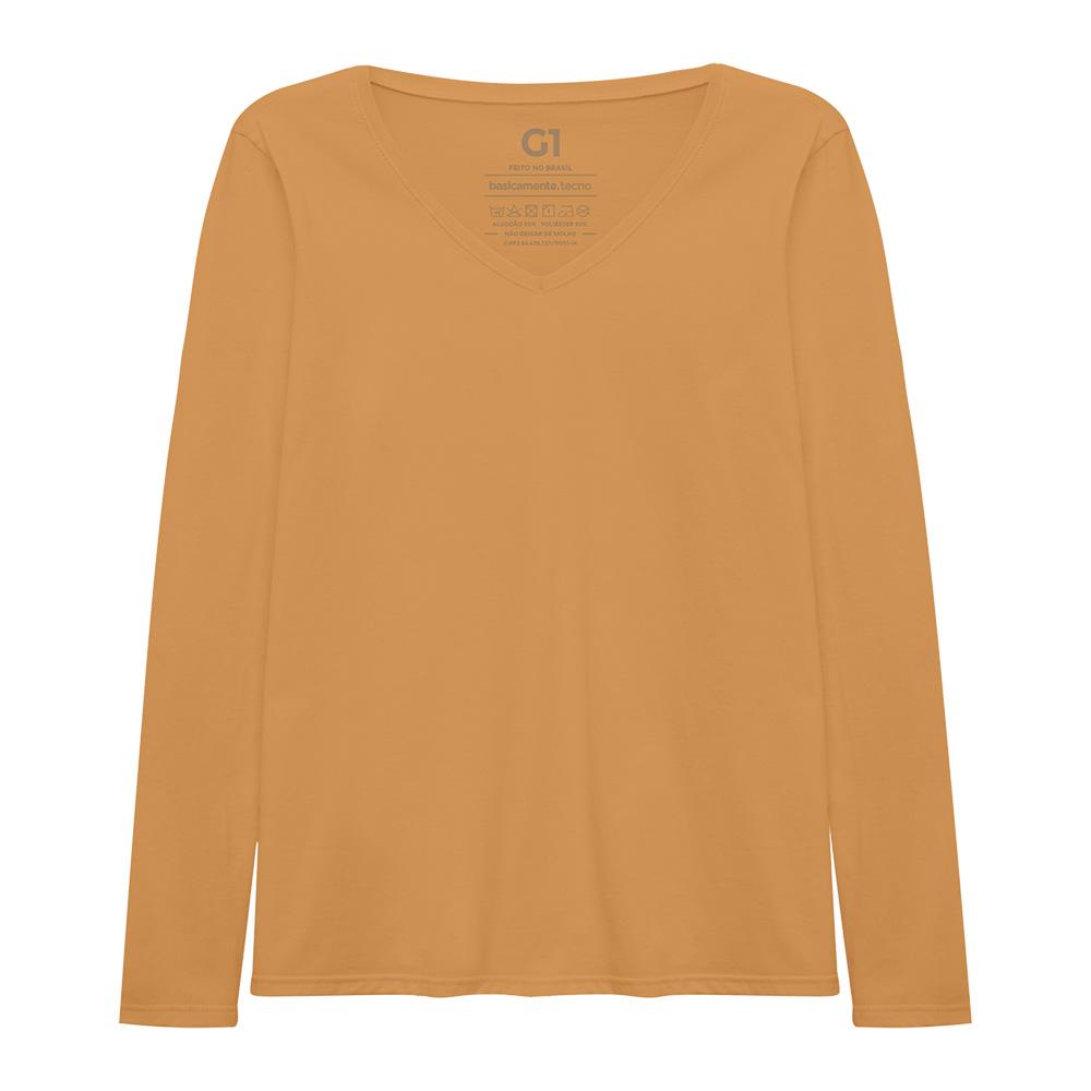 Camiseta Slim Gola V Manga Longa Plus Feminina - Amarelo Mostarda