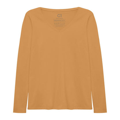 Camiseta Slim Gola V Manga Longa Plus Feminina - Amarelo Mostarda