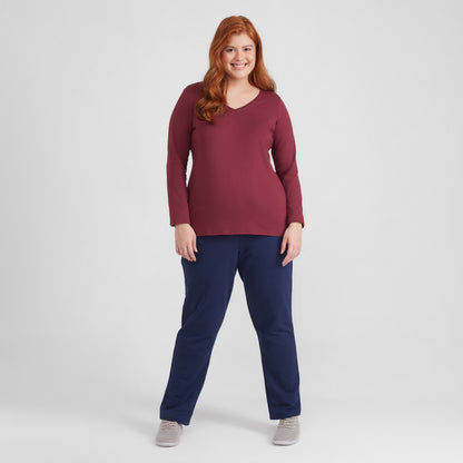 Camiseta Slim Gola V Manga Longa Plus Feminina - Vermelho Vinho