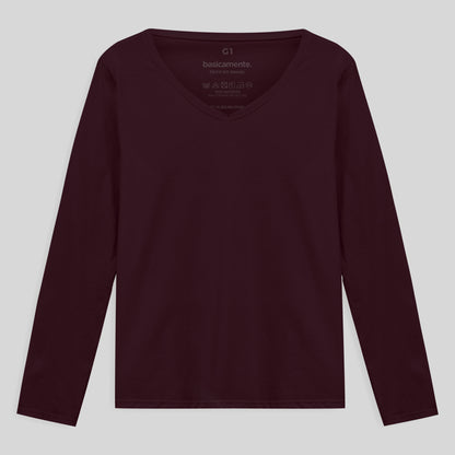 Camiseta Slim Gola V Manga Longa Plus Feminina - Vermelho Vinho