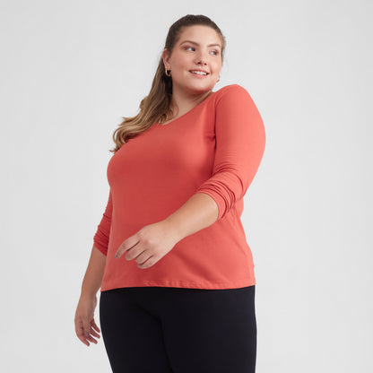 Camiseta Slim Gola V Manga Longa Plus Feminina - Laranja Coral