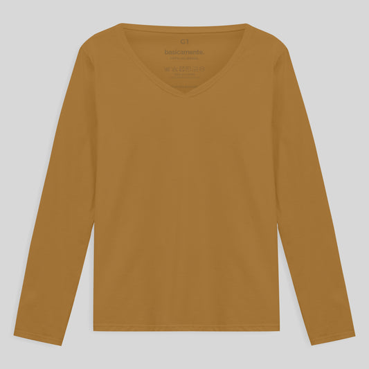Camiseta Slim Gola V Manga Longa Plus Feminina - Ocre