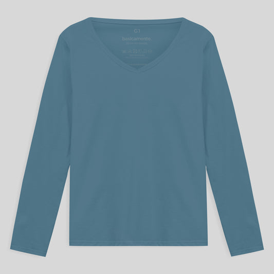 Camiseta Slim Gola V Manga Longa Plus Feminina - Azul Celeste