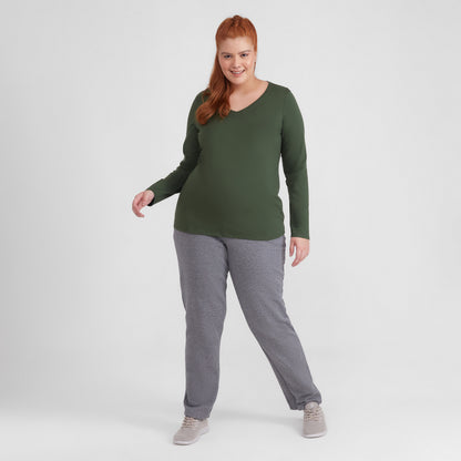 Camiseta Slim Gola V Manga Longa Plus Feminina - Verde Selva