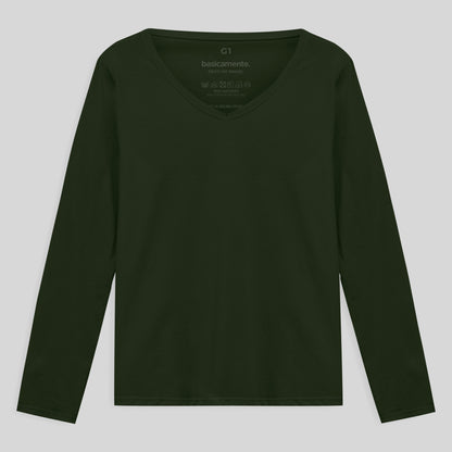 Camiseta Slim Gola V Manga Longa Plus Feminina - Verde Selva